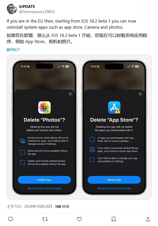 甘孜苹果手机维修分享iOS 18.2 支持删除 App Store 应用商店 